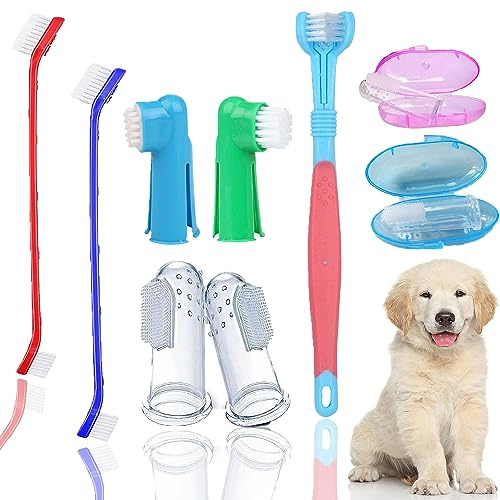 QeeHeng Haustier-Zahnbürsten-Set, 9-teiliges Hunde-Fingerzahnbürste, 360-Grad-Zahnbürste zur bequemen Reinigung der Zähne von Haustieren, Entfernung von Mundgeruch, Zahnstein, Reinigungsbürsten für