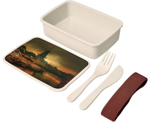 Fabulous Lunch Box Lunchbox mit Besteck, Weiß, Windmühlen an einem Abend im Herbst, Landschaft, Lugubre – 700 ml