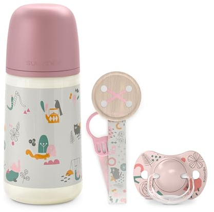 Suavinex, Coffret Cadeau Nouveau-Né SX Pro, pour Bébés 0-6 Mois. Contient un Biberon Débit Moyen (M) 270 ml + Sucette SX Pro Silicone 0/6 Mois + Attache-Sucette avec Ruban. Coffret Biberon Walk Rose