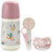 Suavinex, Coffret Cadeau Nouveau-Né SX Pro, pour Bébés 0-6 Mois. Contient un Biberon Débit Moyen (M) 270 ml + Sucette SX Pro Silicone 0/6 Mois + Attache-Sucette avec Ruban. Coffret Biberon Walk Rose