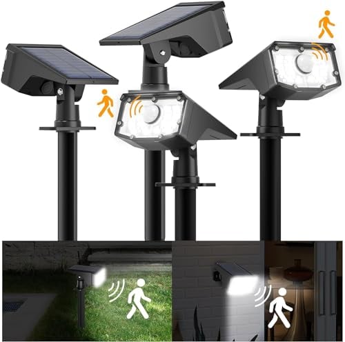 FLOWood Solarlampen für Außen mit Bewegungsmelder, 6500K Kaltweiß Solar Strahler 4 Stück, 60 LED Gartenstrahler Solar Außen mit 2 Modi, IP65 Wasserdicht Solar Gartenleuchten für Garten, Hof, Gehweg