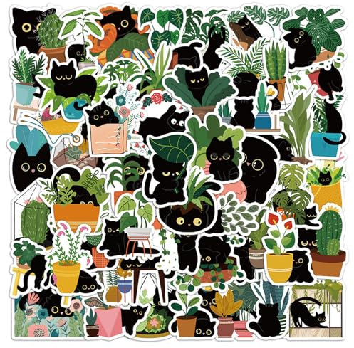 60pcs Katze und Pflanze Aufkleber, niedliche schwarze Katze Aufkleber Cartoon, Aufkleber Kawaii Vinyl Aufkleber, Aufkleber für Party Zubehör Dekoration