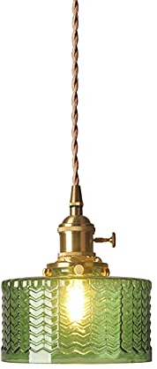EKSED Pendelleuchte aus Messing mit vertikal gestreiftem Glasschirm, Drehschalter und goldenem geflochtenem Kabel, Zubehör für Hängeleuchte (grüne Schale)