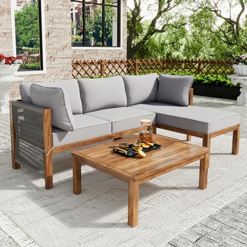 Merax Gartenmöbel Set für 3-4 Personen, Balkonmöbel Lounge Sitzgruppe mit Tisch & Kissen, L-förmiges Terrassenmöbel, Ecksofa-Set aus Akazienholz, Handgewebtem Seil, Gartenlounge Set, Outdoor, Grau