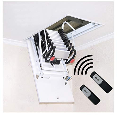 Elektrische Dachbodentreppe mit Handlauf, 2 m – 3,8 m, Fernbedienung, Decke, klappbare Teleskop-Leiterluke, angepasst (Loch: 90 x 90 cm, Höhe: 2 m)