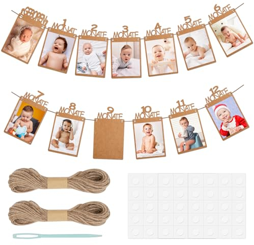 Foto Banner 1. Geburtstag für 1 bis 12 Monate Deutsch Baby Fotogirlande Geburtstagsdeko Hängende Wanddekoration, Kinder Monatlich Bild Prop Kraftpapier Rahmen für Party Dekor, Heilige Kommunion
