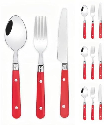 Two Nail Plastic Handle Kitchen Stainless Steel Silverware Tableware Flatware Cutlery Set Steak Knife Fork Spoon Teaspoon (Red,12 Pieces)