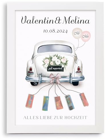 BOFUNX Geldgeschenke Hochzeit Hochzeitsgeschenke - Alles Liebe zur Hochzeit mit Auto Geschenkidee Verpackung Geldgeschenk mit Bilderrahmen für Brautpaar(Name und Datum handgeschrieben Design)