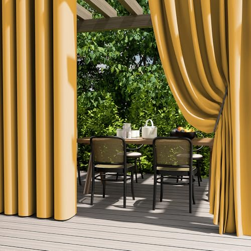 Hiseng Outdoor Vorhang Wetterfest mit Ösen 2er Set Balkon Outdoorvorhänge Wasserdicht Blickdicht Vorhang Outdoor Sichtschutz Sonnenschutz Vorhänge Terrasse Pavillon Garten (132x213cm,Gelb)