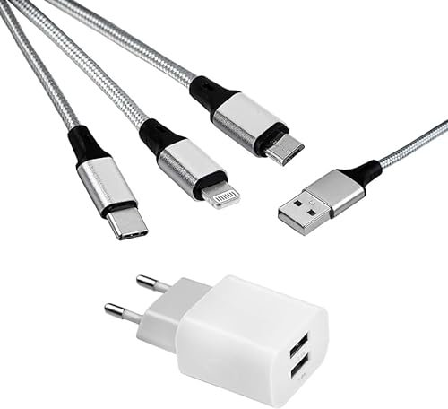MUTTO Chargeur USB Multi 3 en 1 de Voyage Universel, Chargeur Iphone, Prise USB C et Chargeur Micro USB - Adaptateur Prise USB + Câble de Charge Universel 3 en 1 USB vers Micro USB/USB-C/Lightning