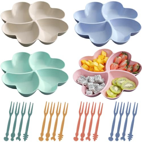 WZHHDM Snack Tray, 4 PCS Fruit Plate, Multi Use Compartment Trays, Plastic Serving Trays with Compartments Heart Shaped Snack Bowl for Sweets Desserts Nuts Fruit Appetizers with 20 Pieces of Forks