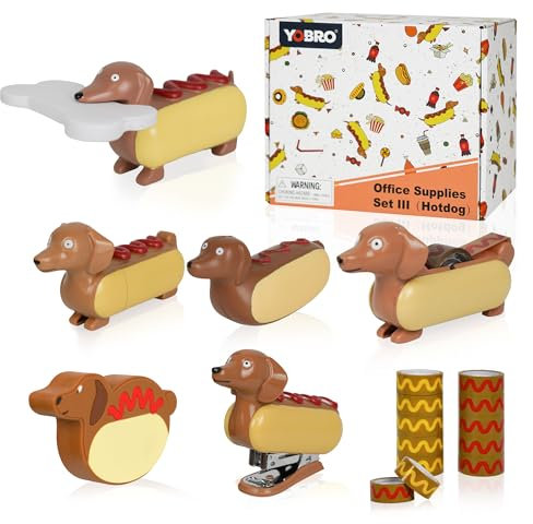 YOBRO Mini-Dackel-Hotdog-Bürobedarf-Set – 7-teiliges Schreibtisch-Organizer-Set mit Klebebandspender, Mini-Hefter und Quetsch-Hotdog, niedliche und funktionale Geschenke für Freunde, Kollegen und