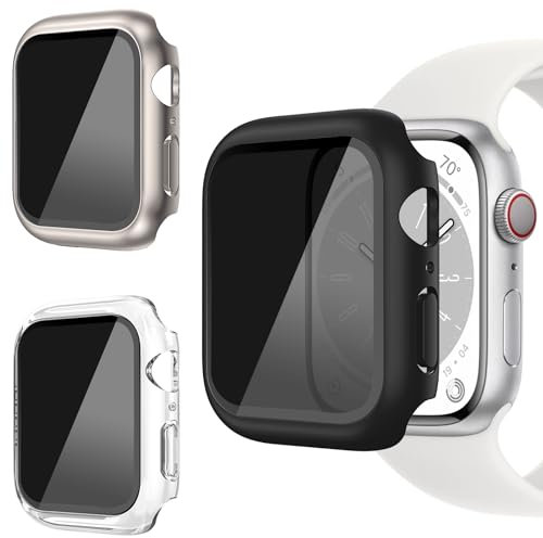 AOKUTDA - Confezione da 3 custodie rigide in policarbonato per Apple Watch Serie 9/8/7, 45 mm, protezione schermo in vetro temperato anti spia a 30°, ultra sottile, copertura completa per accessori