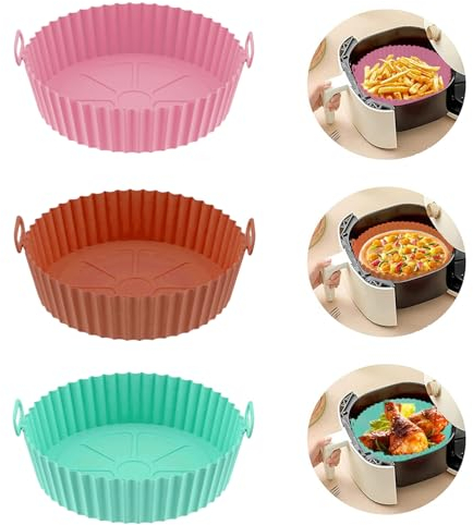 Echehi 3 Pack Silicone Liners, Reusable & Replace Disposable Parchment Liners. Silicone Air Fryer Accessories for COSORI, Ninja, Tower. Pink, Brown, Green