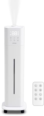 Pureal Turm-Luftbefeuchter, 10 l auf Rädern, 3-stufiger warmer und kühler Nebel, hält 83 Stunden, großes Zimmer Schlafzimmer mit Stimmungslicht, Feuchtigkeitseinstellung, 12-Stunden-Timer, 360°-Düse