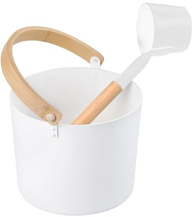 Cubo de sauna finlandés – Cubo de sauna de grado amplio, cucharón a juego y cuchara | Cubo de sauna resistente a la humedad de 7 litros con cuchara larga y cucharón a juego para