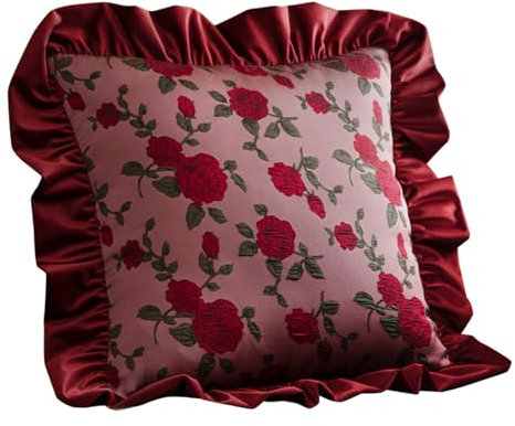YT-KOKE Vintage Rose Blume Kissenbezüge mit Rüsche, Luxus Jacquard Dekorative Kissenbezüge, Rand Rüsche Blumen Kissen Sham (Red,47x47cm)