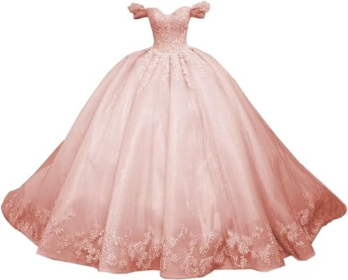 Fuomomo Princesse Douce 15 16 Robes de Quinceanera épaules dénudées Robes de Quinceanera Robes de Bal en Tulle gonflées Robes de Bal en Dentelle Longues Robes de Bal d'anniversaire avec Train MT026