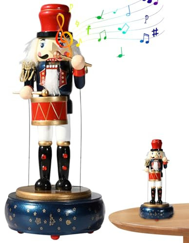 Neroyaner Boîte à Musique Casse-Noisette de Noël 14, 2inch Décorations de Noël Casse-Noisette en Bois Figurines - mécaniques Mignonnes avec Tambour pour la décoration des Tables la Maison Bleu