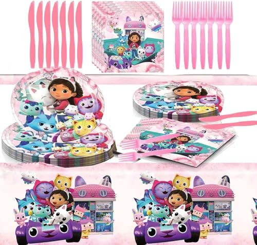 seanabaichuan 62 Pieces GB BULE Birthday Tableware, Includes Lilo Stitch Banner, Paper Plates, Cups, Napkins, Pink Tablecloth for Party Decoration