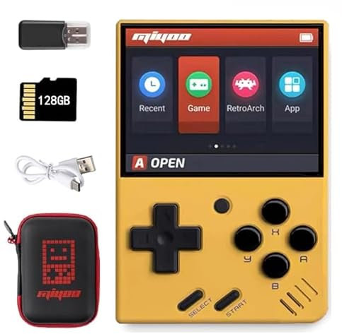 Mi-yoo Mini V4 Console di gioco retrò portatile, schermo IPS da 2,8 pollici con risoluzione, console di gioco portatile, batteria ricaricabile, scheda TF integrata da 128 GB, Con Custod (giallo, 64G)