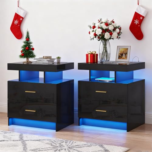 Gurexl LED Bedside Table with Wireless Charging Station, Black Modern Bedroom & Living Room Night Stand with 2 Drawers