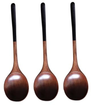 SHOWERORO 3pcs Black Wooden Soup Spoons Natural Wood Kitchen Utensils Portable Food Serving Scoops for Home Dining and Cooking