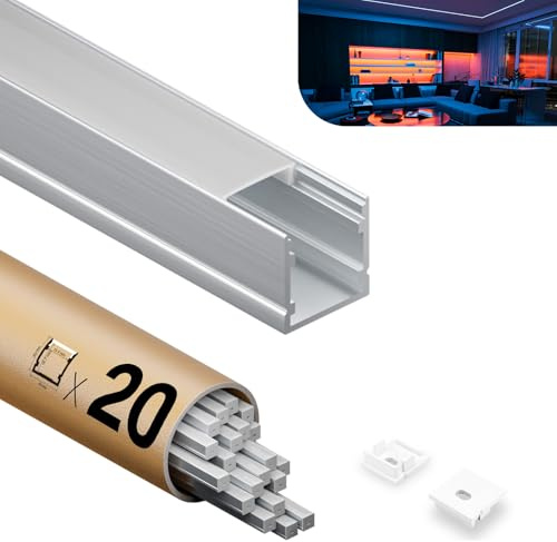 LED Profil 20×2m（40m）Aluminium U-Form mit Milchig Weißer Abdeckung Kanal Diffusor Alu Profil LED leisten Schienen kanalleiste Aluprofil Streifen Profile lichtkanal led strip aluschiene unterputzprofil
