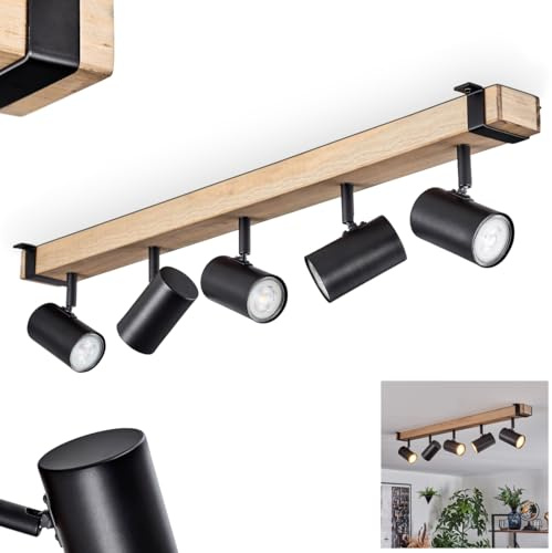 HOFSTEIN Deckenleuchte Storuma, 5-flammige Deckenlampe aus Metall/Holz in Schwarz/Natur, Leuchte im Industrial/Vintage-Design, verstellbare Schirme, GU10, Esszimmer, Wohnzimmer, Küche, Schlafzimmer