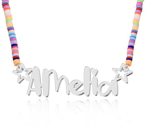 UMAGICBOX Collar Personalizado con Nombre y Arcoíris para Niñas - Placa de Nombre en Plata con Estrellas - Cadena de Cuentas de Colores - Regalo para Niñas en Cumpleaños o Navidad (Plata)