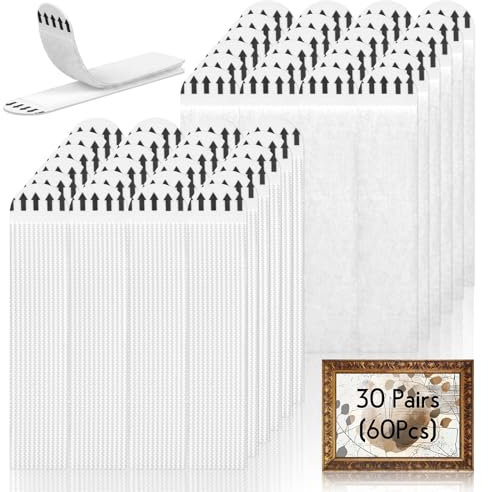 Picture Hanging Strips Heavy Duty, 30 Pairs (60 Strips) Large Adhesive Strips Hook Loop 93 x 19mm Picture Hanger No Nails, Photo Frame Stickers for Wall Decor, Mirrors, Damage Free Hanging