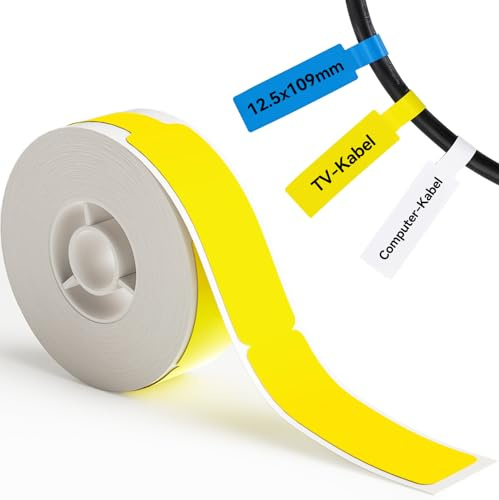 NIIMBOT Kabel Etiketten, Selbstklebender Etikettenband für D110 D11 D101 Etikettendrucker, 12.5mm x 109mm 65 Etiketten/Rolle, 1 Rolle Thermo-Etikettenband für Zuhause, Büro, Schule, Gelb