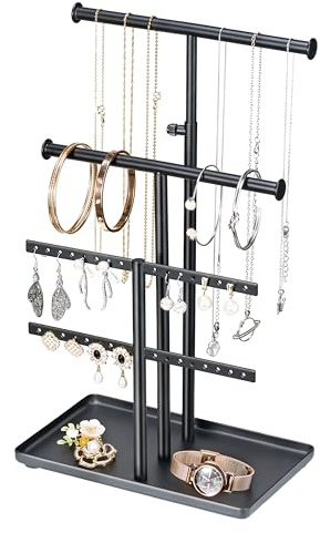 Josmimic Schmuckständer Kettenhalter Schmuck Halterung: Großes Fassungsvermögen, Verstellbarer Halskettenhalter – Stabile Schmuckaufbewahrung für Ohrringe, Armbänder, Uhren, Schwarz