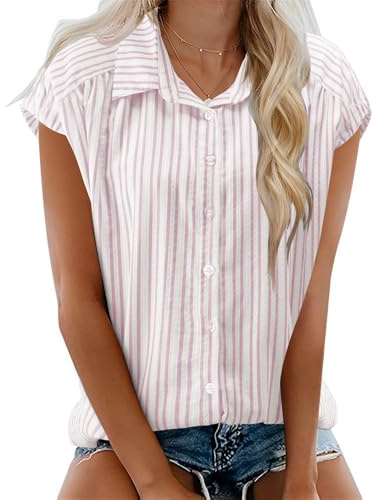 EFFAN Womens Pink Blouse Cotton Shirts Cap Sleeve Blouses V Neck Summer Buttom Down Shirts Ladies Loose Fit Work Blouse Tops UK, Pink Stripes, M