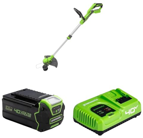 Greenworks 40V Akku Rasentrimmer & Kantenschneider mit Rad für klein-mittelgroße Gärten, 33m Schnittbreite G40LT33, automatischer Vorschub 1,65mm Nylonfaden mit 40V 5Ah Akku + 5A Schnellladegerät