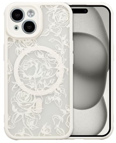 XIZYO Matt Magnetisch Hülle für iPhone 15, Zweig Rose/Weiß | Niedlich Transluzent Rose Blume Muster, Ästhetisch Floral Luxus Mädchen Design, Stoßfest Anti-Gelb,Weiche TPU,Schlanke Dünne