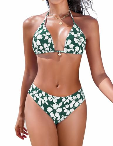 Nadeer Bikini Damen Set Triangel Bikini Sexy Neckholder Bikinioberteil Blumenmuster Push Up Zweiteiliger Badeanzug Hohe Taille Bikinihose