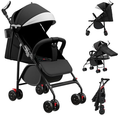 Belfoyer Kinderwagen mit Verstellbarem Schiebegriff, 4-Rad Liegebuggy ab 0–4 Jahre, Höhenverstellbar, Leicht & Kompakt Klappbar, mit Moskitonetz (Schwarz)