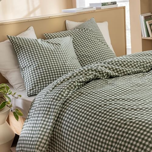 Terre de Nuit - Parure de lit Vichy 140x200 Vert foncé - Vert - Carreaux - 57 Fils/cm² - Base Droite