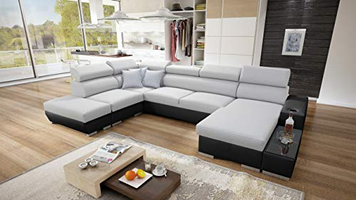IM SOFA PERS VI Wohnlandschaft U-Form Ecksofa mit Schlaffunktion Bettkasten Couch Wohnzimmer freistehend verstellbare Kopfstützen 3 Dekokissen (Hellgrau Sawana + Schwarzes Kunstleder, Rechts)