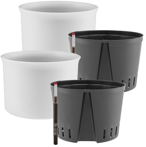 Leni Atlas Hydrokultur-Set Blumentopf Ø 31,4 cm Höhe 21,2 cm Weiß 2er-Pack | mit Kulturtopf und Gießanzeige, Übertopf, Pflanztopf aus Kunststoff matt