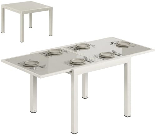 Outsunny Table de jardin extensible pour 4 à 8 personnes, 90/180 x 90 cm, table de salle à manger extensible en aluminium avec plateau en verre trempé, pour terrasse balcon, blanc crème