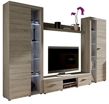 Rango XL Ensemble de salon moderne, mur de placard, mur multimédia, vitrine, meuble TV bas (chêne Sonoma, sans éclairage)