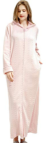 Comcrib Damen Bademantel Langer Morgenmantel Nachtwäsche Durchgehender Reißverschluss Warme Nachtwäsche Winter Lange Robe Sauna Mantel Mit Kapuze