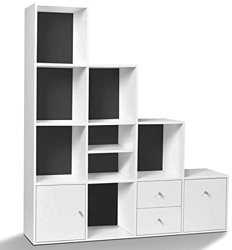 IDMarket Liam - Mueble de almacenamiento de escalera de 4 niveles de madera blanca + puerta/cajones blancos fondo gris