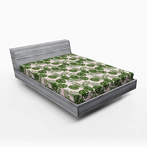 ABAKUHAUS Tropisch Spannbetttuch, Monstera Blatt Palme, Soft Dekorativer Stoff Bettwäsche Rund-um Elastischer Gummizug, 160 x 200 cm, Grün Baby