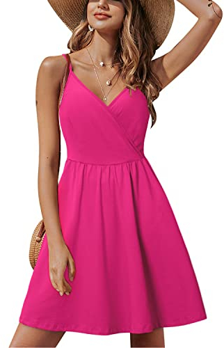 STYLEWORD Sommerkleid Damen Knielang V-Ausschnitt A Linie Rose Kleider Sommer Strandkleid Freizeitkleid mit Taschen