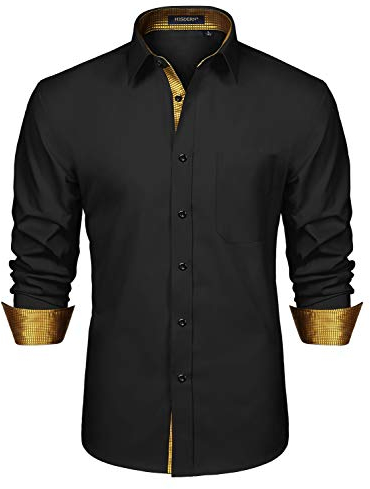 HISDERN Black Gold Long Sleeve Shirt for Men Fashion Classic Collar Button Down Casual Formal Party Prom Concert Shirts Noir-2 M