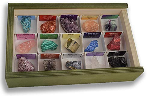 Colección de 15 Minerales del Mundo en Caja de Madera Natural - Minerales Reales educativos con Etiqueta informativa a Color. Kit de Ciencia de Geología para niños.