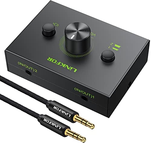 LiNKFOR Conmutador de Audio Estéreo de 3,5mm 2(1)-In-1(2)-out Switcher de Audio Estéreo Bidireccional 2 Entradas 1 Salida/1 Entrada 2 Salidas Selector de Audio para Ordenador Auriculares Móvil